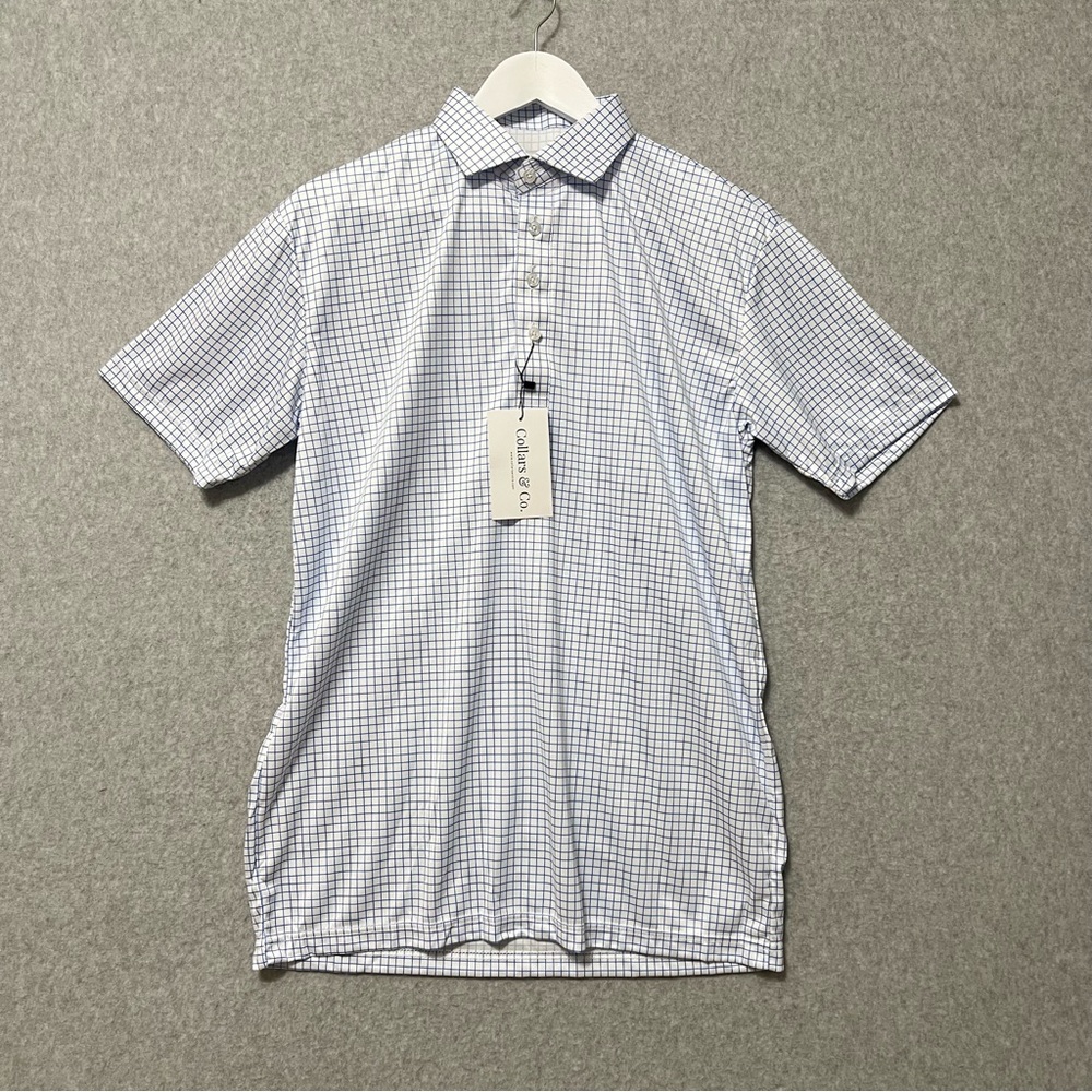 Collars & Co. Dress Collar Polo NWT Size Medium White Blue Check Short Sleeve - Picture 3 of 11